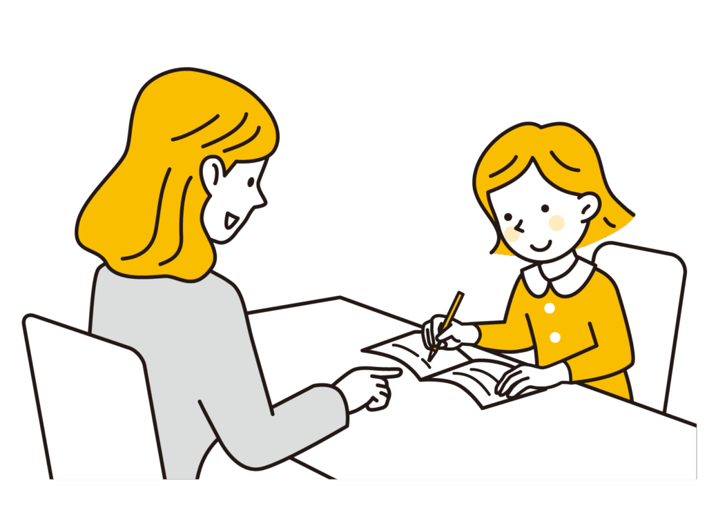 家庭教師のアルバイトの初回の指導の様子を表した先生と生徒が向き合って勉強しているイラスト画像