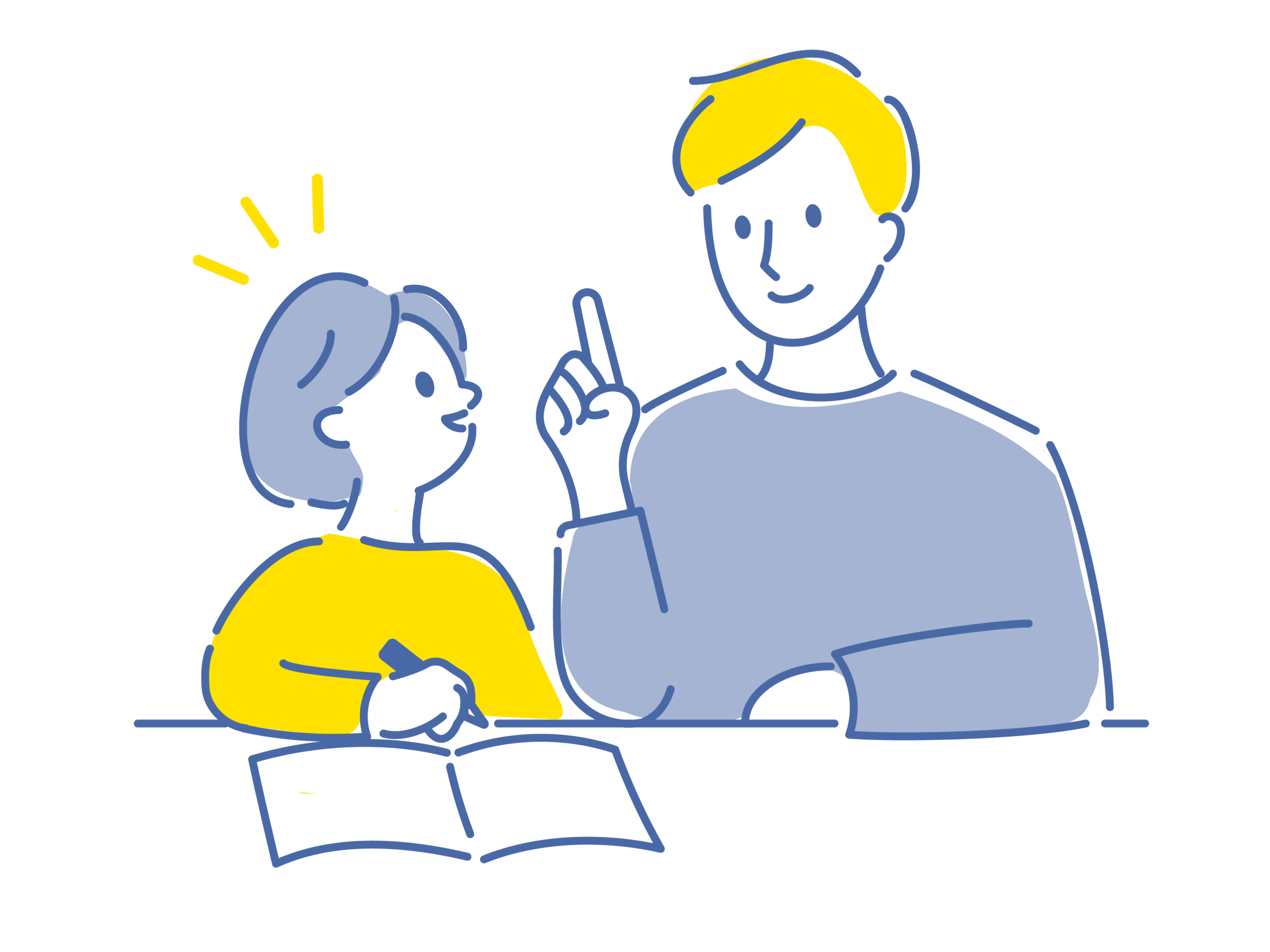 家庭教師のアルバイトを実際にしている勉強を教える姿の男性と、勉強を教わる姿の男の子のイラスト画像